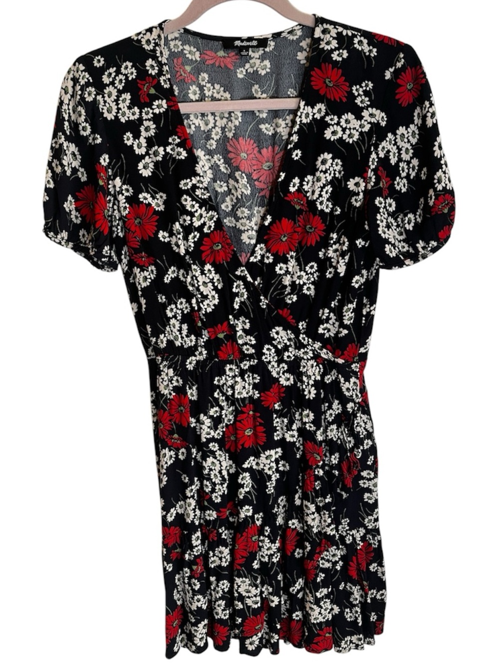 Madewell Ruffle Faux-Wrap Mini Dress Floral Daisies Black Red V-neck Size 6